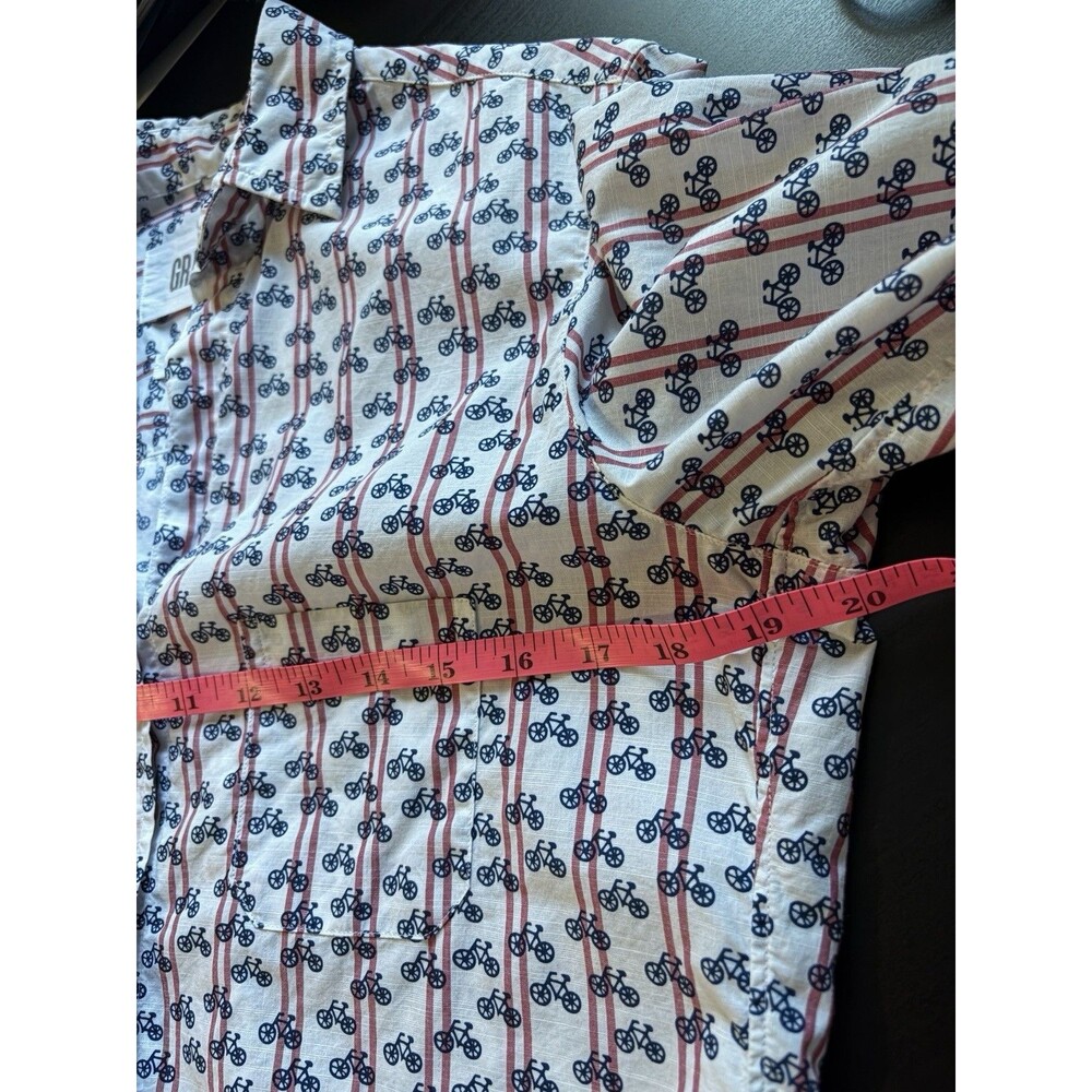 Grayson EUC The Hero 01 XS Button-up Shirt Top Striped Bicycle Print White Red - Picture 8 of 11
